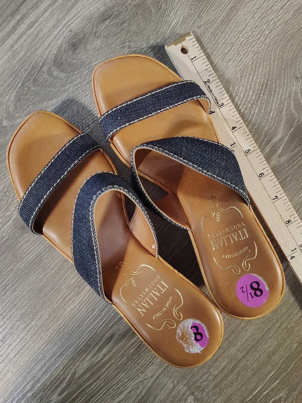 The Y2K Italian Shoemakers Women's Slip-On Wedge Sandal in Denim/Tan Faux Leathe